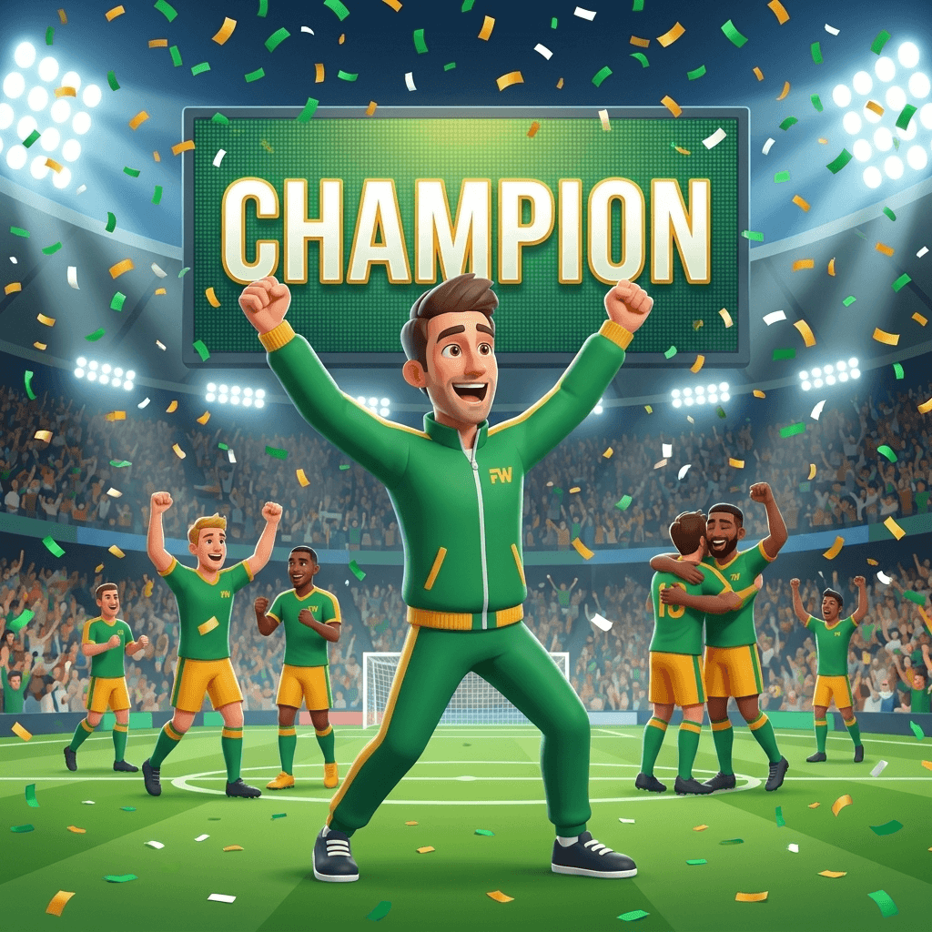 A FootWordle player celebrating under a Champion sign